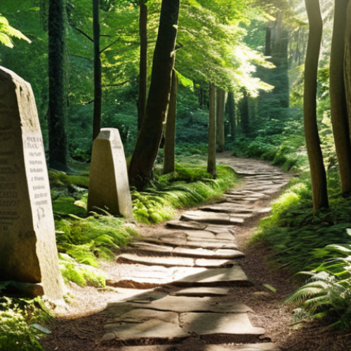 Home 15 A historical trail winding through a lush forest, dappled sunlight filtering through the trees, ancient stone markers along the path, showcasing the harmony between nature and historical significance, evoking a sense of peace and discovery.