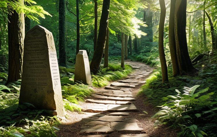 A historical trail winding through a lush forest, dappled sunlight filtering through the trees, ancient stone markers along the path, showcasing the harmony between nature and historical significance, evoking a sense of peace and discovery.