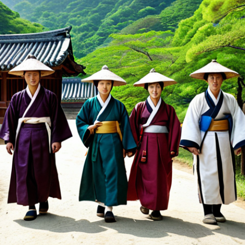 Home 14 **
A group of Joseon Dynasty scholars walking along a mountain path, dressed in traditional robes and hats, on their way to take the national examination. The scenery includes lush green trees and a winding dirt road. In the background, there are traditional Korean houses. Capture the anticipation and determination on their faces as they follow in the footsteps of historical figures. Style: Historical, Realistic.
**