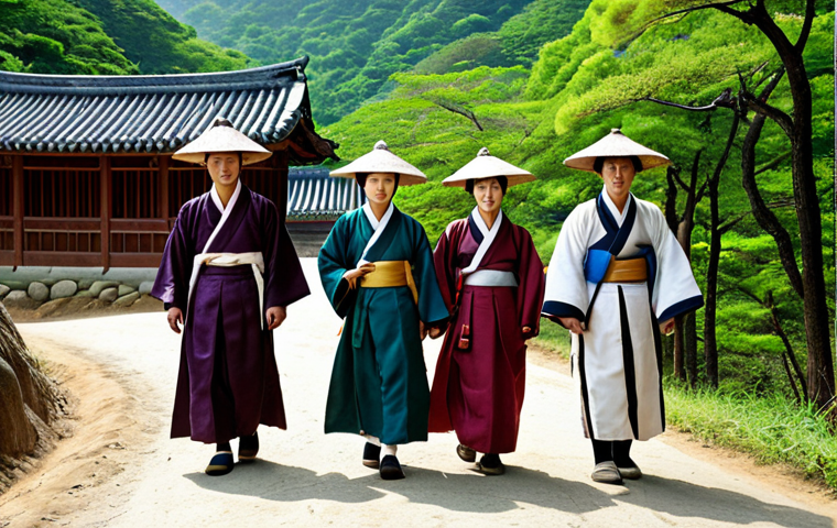 **
A group of Joseon Dynasty scholars walking along a mountain path, dressed in traditional robes and hats, on their way to take the national examination. The scenery includes lush green trees and a winding dirt road. In the background, there are traditional Korean houses. Capture the anticipation and determination on their faces as they follow in the footsteps of historical figures. Style: Historical, Realistic.
**
