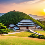 **

Ancient Gyeongju, South Korea. Rolling hills dotted with royal burial mounds (Daereungwon). A traditional observatory (Cheomseongdae) under a vibrant sunset sky. Focus on historical atmosphere and ancient Silla Kingdom.

**