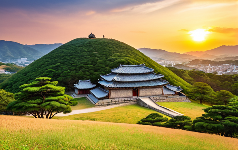 **
Ancient Gyeongju, South Korea. Rolling hills dotted with royal burial mounds (Daereungwon). A traditional observatory (Cheomseongdae) under a vibrant sunset sky. Focus on historical atmosphere and ancient Silla Kingdom.
**